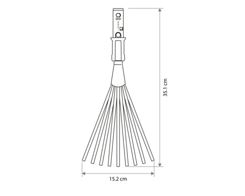 Technische Zeichnung eines Fächerbesens mit den Maßen: Länge 35,1 Zentimeter und Breite 15,2 Zentimeter.