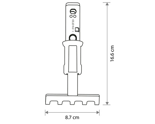 Technische Zeichnung eines Kleingeräte-Rechenaufsatzes mit Maßangaben: Höhe 16.6 Zentimeter und Breite 8.7 Zentimeter.