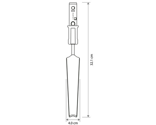 Technische Zeichnung einer schmalen Pflanzkelle mit einer Gesamtlänge von 32,1 Zentimetern und einer Breite von 4,0 Zentimetern.