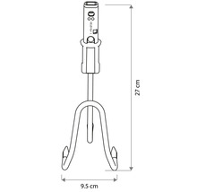 Technische Zeichnung eines Kleingrubbers mit drei Zinken. Höhe 27 Zentimeter, Breite 9,5 Zentimeter.