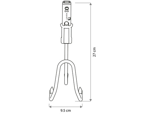 Technische Zeichnung eines Kleingrubbers mit drei Zinken. Höhe 27 Zentimeter, Breite 9,5 Zentimeter.