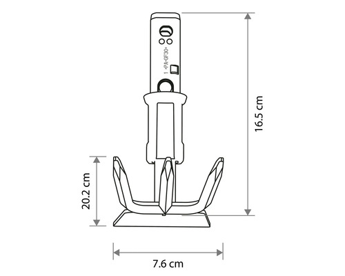 Technische Zeichnung eines Grubber-Aufsatzes für den Garten mit Maßangaben 16,5 Zentimeter, 7,6 Zentimeter und 20,2 Zentimeter.