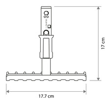 Maßskizze einer kleinen Harke mit einer Breite von 17.7 Zentimetern und einer Höhe von 17 Zentimetern.