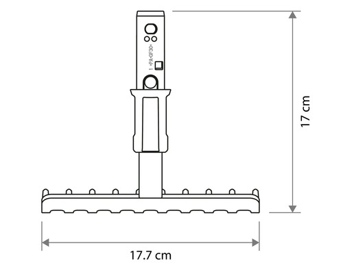 Maßskizze einer kleinen Harke mit einer Breite von 17.7 Zentimetern und einer Höhe von 17 Zentimetern.