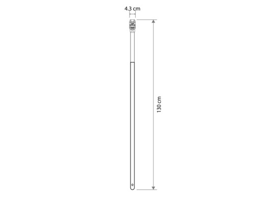 Technische Zeichnung eines Stiels mit Maßen: Länge 130 Zentimeter, Breite oben 4,3 Zentimeter.