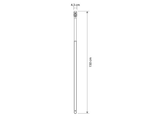 Technische Zeichnung eines Gerätestiels mit einer Gesamtlänge von 150 Zentimetern und einer oberen Breite von 4,3 Zentimetern.