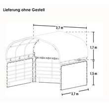 Maßzeichnung für Weidehüttenzelt: 3,7 Meter breit, 1,7 Meter Dachhöhe, 1,5 Meter Seitenwandhöhe. Lieferung ohne Gestell.