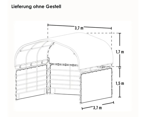 Maßzeichnung für Weidehüttenzelt: 3,7 Meter breit, 1,7 Meter Dachhöhe, 1,5 Meter Seitenwandhöhe. Lieferung ohne Gestell.