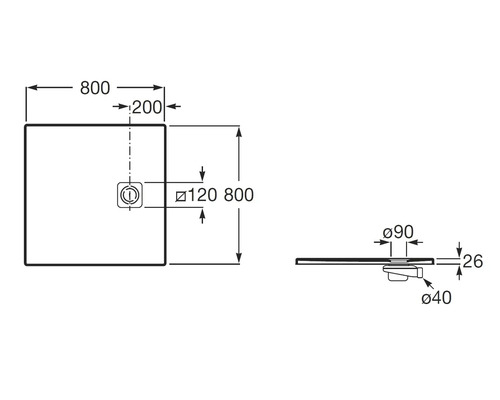 Maßzeichnung einer quadratischen Duschwanne mit den Maßen 800 mal 800 Millimeter, einer Tiefe von 26 Millimeter und einem Ablaufdurchmesser von 90 Millimeter.