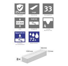 Symbole für 25 Jahre Garantie, Dielenformat Large, Nutzungsklasse 33, 7,5 Millimeter Dicke, CLIC it Verlegesystem, 4-seitige Fase, wasserresistent bis 72 Stunden, 8 Stück.