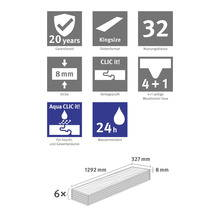 Bodenbelag: 20 Jahre Garantie, Nutzungsklasse 32, 8 Millimeter Dicke, CLIC it, Kingsize, 4 plus 1 seitige Fase, 24 Stunden wasserfest.