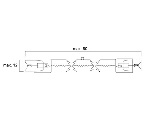 Technische Zeichnung einer Halogenstablampe mit Maßen: maximal 80 Millimeter Länge und maximal 12 Millimeter Breite.