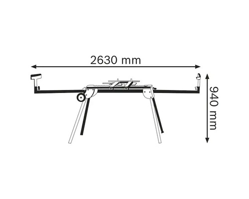 Arbeitstisch für Sägen mit Maßangaben: Breite 2630 Millimeter, Höhe 940 Millimeter.