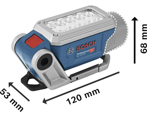 Bosch Professional Akku-LED-Leuchte GLI 12V-330. Maße: Länge 120 Millimeter, Höhe 68 Millimeter, Breite 53 Millimeter. Bosch Logo.