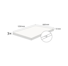 Schematische Zeichnung von 3 Verlegeplatten mit Nut-Feder-Profil, Maße 1250 mal 660 mal 12 Millimeter.