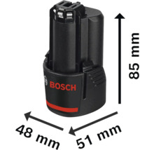 Bosch Akku mit Maßangaben: Höhe 85 Millimeter, Länge 51 Millimeter und Breite 48 Millimeter.