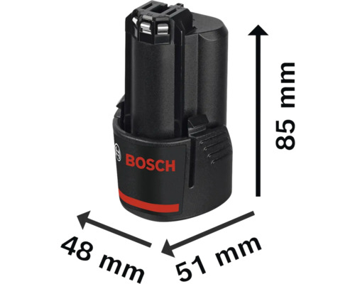 Bosch Akku mit Maßangaben: Höhe 85 Millimeter, Länge 51 Millimeter und Breite 48 Millimeter.
