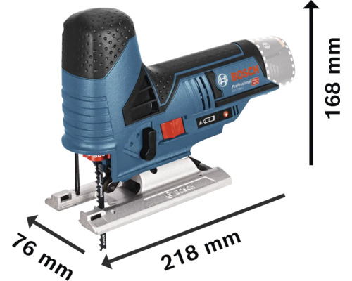 Bosch Professional Akku-Stichsäge GST 12V-LI mit den Abmessungen 218 Millimeter Länge, 168 Millimeter Höhe und 76 Millimeter Breite.