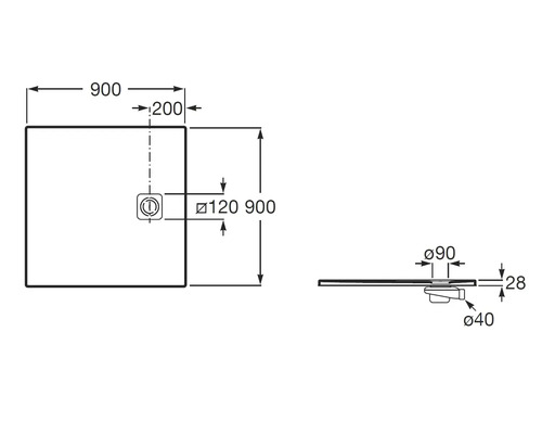 Technische Zeichnung einer quadratischen Duschwanne mit den Maßen 900 mal 900 Millimeter und einer Höhe von 28 Millimeter.