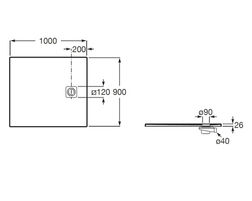 Technische Zeichnung einer rechteckigen Duschwanne, Maße 1000 mal 900 Millimeter, Höhe 26 Millimeter, mit Ablaufdetails.