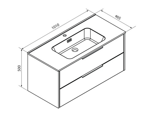Maßzeichnung Waschbeckenunterschrank mit zwei Schubladen und Waschbecken, Breite 1010 Millimeter, Tiefe 465 Millimeter, Höhe 500 Millimeter.