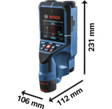 Bosch Ortungsgerät mit Abmessungen Höhe 231 Millimeter, Breite 106 Millimeter und Tiefe 112 Millimeter.
