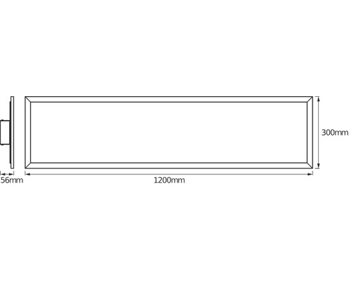Technische Zeichnung eines LED-Panels mit den Maßen 1200 Millimeter Länge, 300 Millimeter Breite und 56 Millimeter Tiefe.