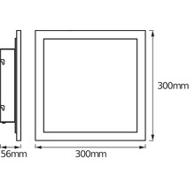 Maßzeichnung einer quadratischen Panel-Leuchte mit einer Breite von 300 Millimeter, einer Höhe von 300 Millimeter und einer Tiefe von 56 Millimeter.