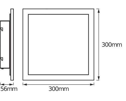 Maßzeichnung einer quadratischen Panel-Leuchte mit einer Breite von 300 Millimeter, einer Höhe von 300 Millimeter und einer Tiefe von 56 Millimeter.