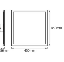 Maßzeichnung einer quadratischen Leuchte mit einer Länge von 450 Millimeter, einer Breite von 450 Millimeter und einer Tiefe von 56 Millimeter.