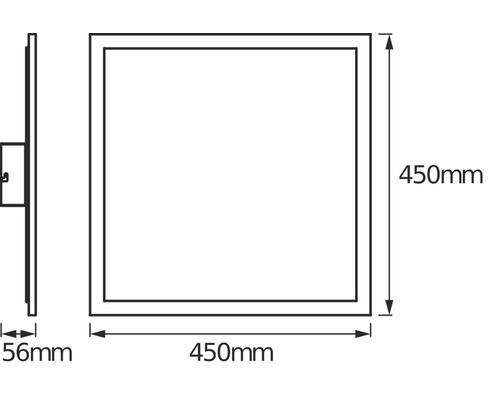 Maßzeichnung einer quadratischen Leuchte mit einer Länge von 450 Millimeter, einer Breite von 450 Millimeter und einer Tiefe von 56 Millimeter.