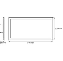 Technische Zeichnung eines rechteckigen LED-Panels mit den Maßen 595 Millimeter Länge, 300 Millimeter Höhe und 56 Millimeter Tiefe.