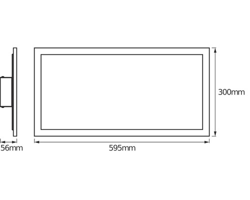Technische Zeichnung eines rechteckigen LED-Panels mit den Maßen 595 Millimeter Länge, 300 Millimeter Höhe und 56 Millimeter Tiefe.