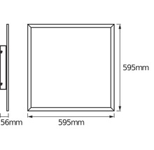Maßzeichnung eines quadratischen Panels: Breite 595 Millimeter, Höhe 595 Millimeter, Tiefe 56 Millimeter.