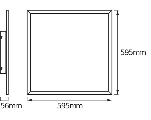 Maßzeichnung eines quadratischen Panels: Breite 595 Millimeter, Höhe 595 Millimeter, Tiefe 56 Millimeter.