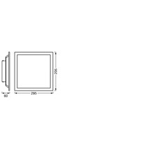 Maßzeichnung einer quadratischen Deckenleuchte, 295 mal 295 Millimeter, Höhe 60 Millimeter.