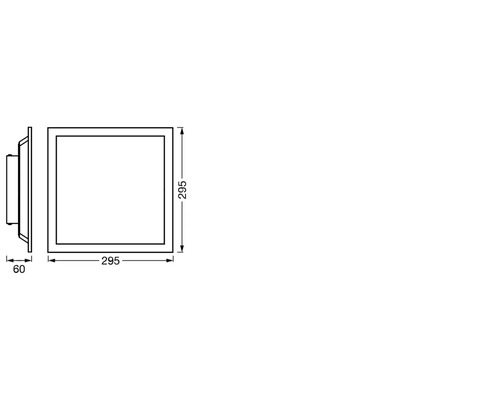 Maßzeichnung einer quadratischen Deckenleuchte, 295 mal 295 Millimeter, Höhe 60 Millimeter.