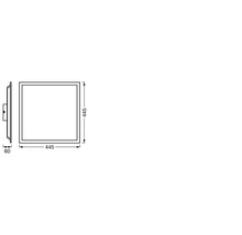 Maßzeichnung für quadratisches LED-Panel, 445 Millimeter Breite, 445 Millimeter Höhe und 60 Millimeter Tiefe.