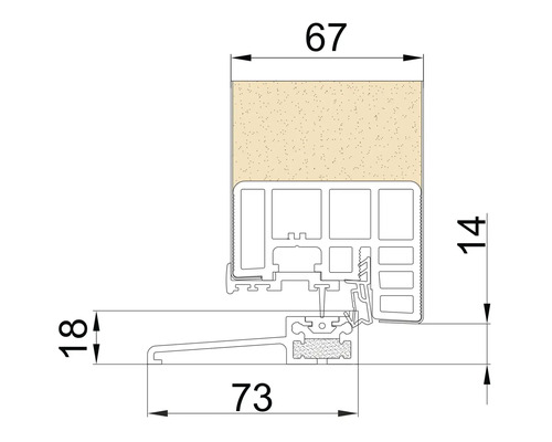 Technische Zeichnung eines Fensterprofils mit den Maßen 67, 73, 18 und 14 Millimeter.