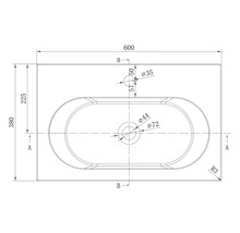 Maßzeichnung eines rechteckigen Waschbeckens in der Draufsicht mit den Maßen 600 mal 380 Millimeter und Details zu den Bohrungen.