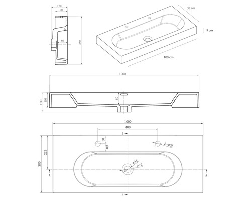 Technische Zeichnung eines rechteckigen Waschbeckens mit ovaler Mulde und Maßen in Millimeter und Zentimeter.