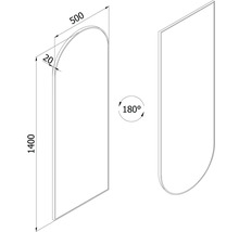 Maßzeichnung eines bogenförmigen Paneels, Höhe 1400 Millimeter, Breite 500 Millimeter, Tiefe 20 Millimeter, um 180 Grad drehbar.