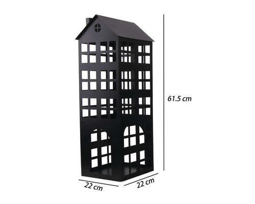 Schwarze Laterne in Hausform aus Metall, Höhe 61,5 Zentimeter, Breite 22 Zentimeter, Tiefe 22 Zentimeter.