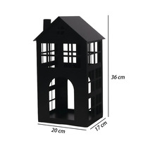 Schwarze Laterne in Hausform aus Metall mit Fenster-Aussparungen und Schornstein, Höhe 36 Zentimeter, Breite 20 Zentimeter, Tiefe 17 Zentimeter.