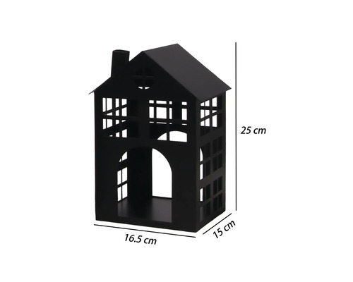 Schwarzes dekoratives Lichthaus aus Metall mit Fensterausschnitten, Höhe 25 Zentimeter, Breite 16,5 Zentimeter, Tiefe 15 Zentimeter.