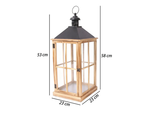 Holzlaterne mit schwarzem Metalldach und Glas, Höhe 58 Zentimeter, Breite 23 Zentimeter, Tiefe 23 Zentimeter.