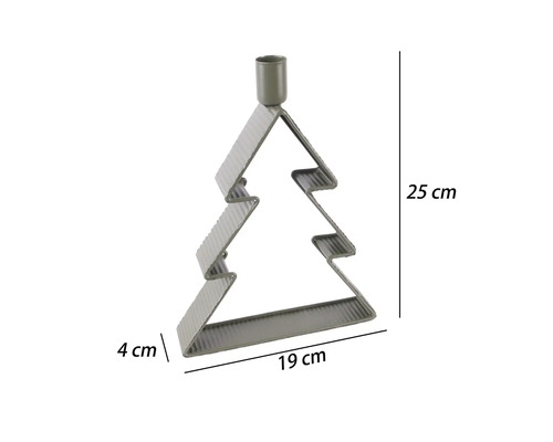 Kerzenhalter in Tannenbaumform aus Metall mit Maßen, Höhe 25 Zentimeter, Breite 19 Zentimeter, Tiefe 4 Zentimeter.