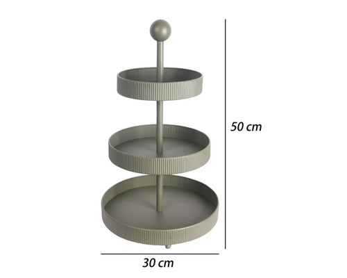 Dreistöckige Etagere aus olivgrünem Metall mit geriffelten Schalen, Höhe 50 Zentimeter, Breite 30 Zentimeter.