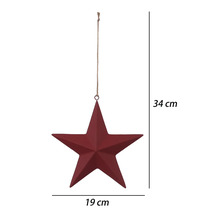 Roter Deko-Stern aus Metall zum Aufhängen, Breite 19 Zentimeter, Gesamthöhe 34 Zentimeter inklusive Juteschnur.