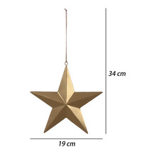 Goldfarbener Dekostern zum Aufhängen, Breite 19 Zentimeter, Gesamthöhe 34 Zentimeter.